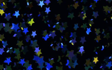 Koyu mavi, küçük ve büyük yıldızlı sarı vektör arkaplan. Yıldızlı parlak renkli illüstrasyon. Reklamınız, posteriniz, afişiniz için en iyi tasarım.