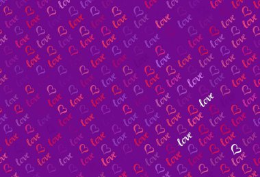 Açık Mor, pembe vektör dokusu ve güzel kalpleri var. Soyut şablondaki kalplerle parlayan illüstrasyon. Sevgililer Günü kartpostalları için şablon.