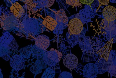 Koyu mavi, sarı vektör, ağaçlı, dallı zarif duvar kağıdı. Ağaçlar ve karalamalar ile soyut çizimler. İşiniz için yeni tasarım.