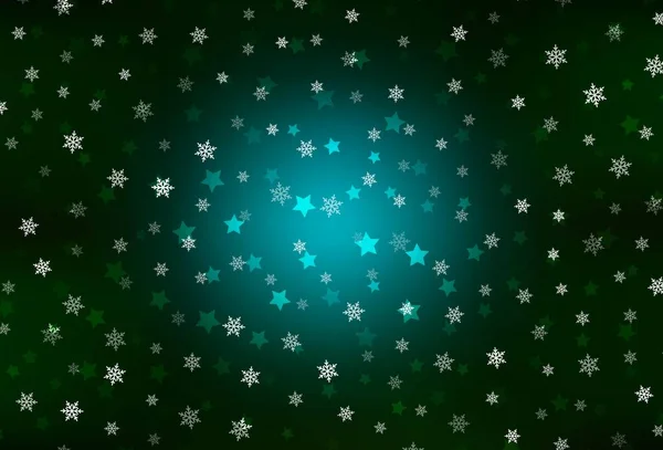 美しい雪の結晶 星と濃い緑のベクトルの背景 グラデーションの雪片とカラフルな雪片 新年の広告 小冊子のデザイン — ストックベクタ