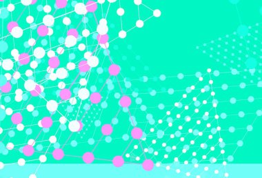 Açık yeşil, kırmızı vektör düzeni, daireler, çizgiler. Küreleri ve üçgen çizgileri olan soyut çizimler. Web siteleri için desen.