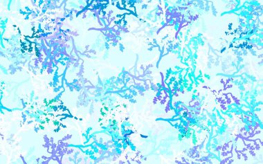 Açık mavi, yeşil vektör karalama arkaplanı yapraklarla, dallarla. Yapraklar ve dallarla karalama tarzında renkli çizimler. Çocuk kitapları için renkli desen.