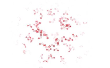 Noktalı açık kırmızı vektör arkaplanı. Parlak renkli soyut çemberlerin olduğu bir resim. Fütürist reklamlar ve kitapçıklar için şablon.