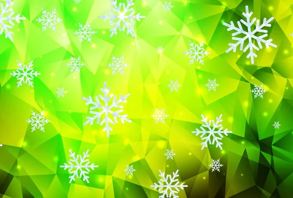 Verde Claro Fondo Vector Amarillo Con Copos Nieve Navidad Estrellas — Vector de stock