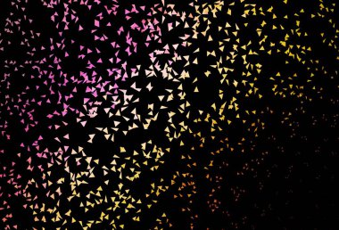 Kristalleri ve üçgenleri olan koyu renkli vektör şablonu. Üçgen şekilli ışıltılı soyut çizimler. Broşürler, broşürler için desen