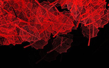 Koyu kırmızı vektör arka planı yapraklarla karalıyor. Yaprak ve çiçeklerle süslenmiş soyut bir çizim. Web sitesi yöneticileri ve tasarımları için desen.