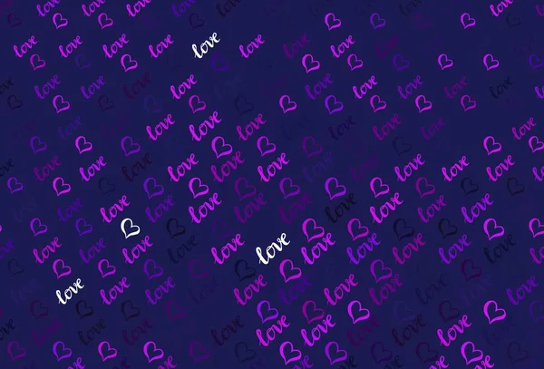 Parlayan kalpleri olan koyu mor bir vektör geçmişi var. Soyut illüstrasyonda güzel kutlama tarzı kalpler. Sevgililer Günü kartpostalları için şablon.