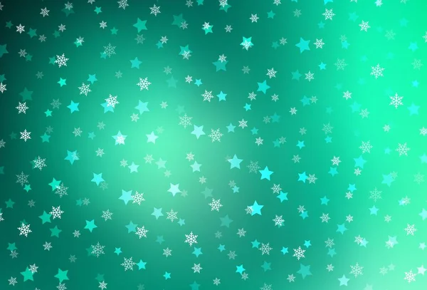 Fondo Vector Verde Claro Con Copos Nieve Navidad Estrellas Diseño — Vector de stock