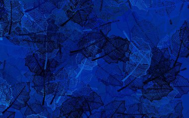 Koyu mavi vektör, yapraklı zarif duvar kağıdı. Soyut şablondaki karalamalarla dekoratif illüstrasyon. Web siteleri ve pankartlar için desenli desen.