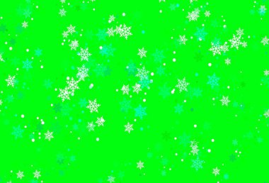 Renkli kar taneleriyle açık yeşil vektör dokusu. Soyut şablonda kar olan parlak renkli bir illüstrasyon. Yeni yıl ilanı, broşürler için desen.