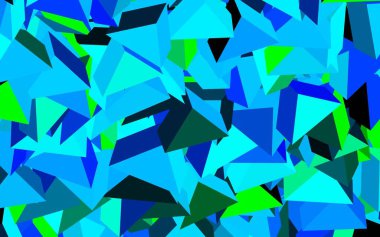 Koyu mavi, üçgenli yeşil vektör arkaplan. Üçgen şekilli ışıltılı soyut çizimler. Kartvizitiniz için modern tasarım.