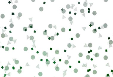 Açık yeşil vektör düzeni daireler, çizgiler, dikdörtgenler. Renkli daireler, üçgenler, kareler çizilmiş bir resim. Reklamlarınız için akıllı tasarım.