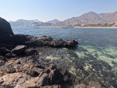 Adadan sahile inanılmaz manzara, adadaki küçük kumlu sahil, mercan resifi, fujairah
