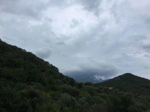 No topo da colina. Uma foto incrível de um penhasco. Bela paisagem e vista. Montanhas verdes e florestas naturais — Fotografia de Stock