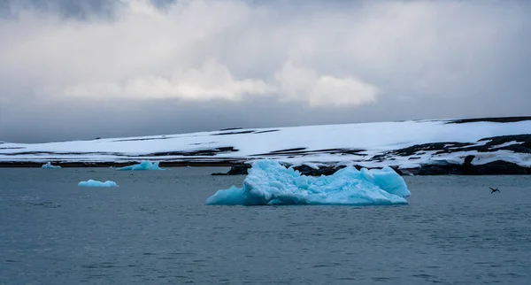 Icebergs azuis flutuando no mar com cubos de gelo no norte da Noruega, Svalbard. — Fotografia de Stock