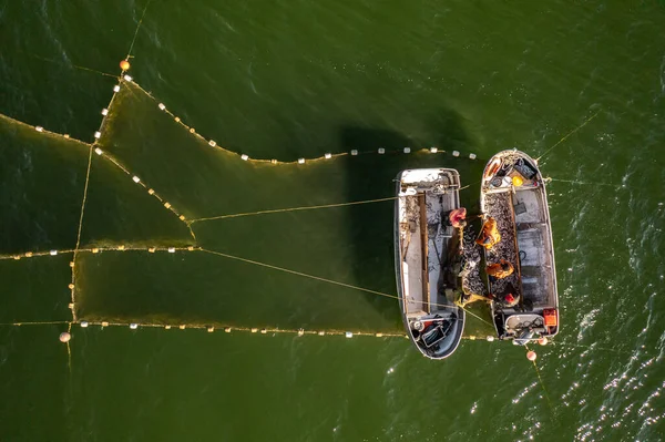 Balık tuzakları ve balıkçıların ringa balıklarını teknelerine yüklediği Baltık Denizi manzarası. Drone fotoğrafı.