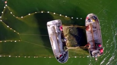 Aerial view to the Baltic sea with the fish traps and fishers loading their Herring catch to their boats. Drone video 4k