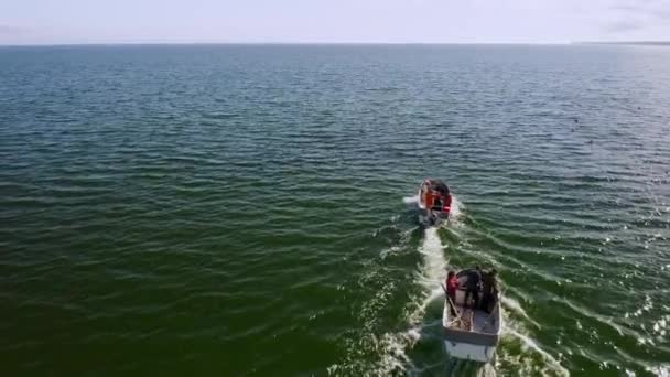 Aerial View Baltic Sea Two Fishing Boats Sailing Sea Nets — Stockvideo