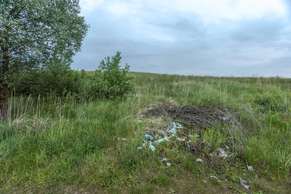Garbage thrown into nature. Illegally dumped waste. Waste left by tourists in nature. Green grass bushes and cloudy sky. High quality photo
