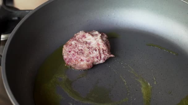 Placing Meatballs Pan Juicy Cutlets Frying Meatballs Hot Oil Frying — Vídeo de stock