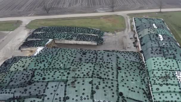 Aerial View Agricultural Industry Territory Large Pile Silage Field Covered — 비디오