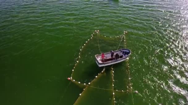 Aerial View Baltic Sea Fish Traps Fishers Loading Herring Catch — 图库视频影像