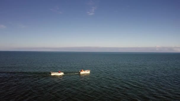 Aerial View Baltic Sea Two Fishing Boats Sailing Sea Nets — Wideo stockowe