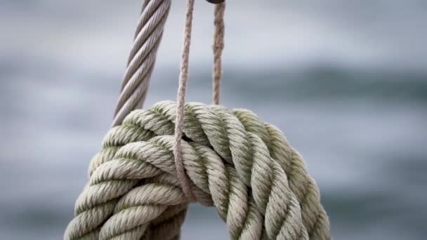 Веревка Яхте Раскачивается Ветру Машет Старой Парусной Лодкой Открытом Море — стоковое видео