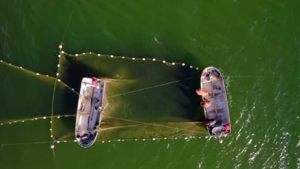 Aerial View Baltic Sea Fish Traps Fishers Loading Herring Catch — Stockvideo