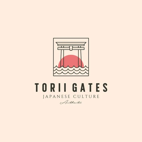 Line Art Torii Gate Logo Vektör Sembolü Günbatımı Çizimi Japon — Stok Vektör