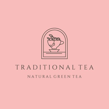 Geleneksel çay doğal yeşil çay çizgisi sanat logosu sembolü çizim tasarımı