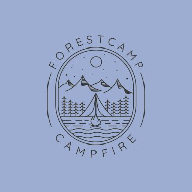Orman hattında kamp ateşi kampı. Sanat logosu vektör sembolü çizimi.