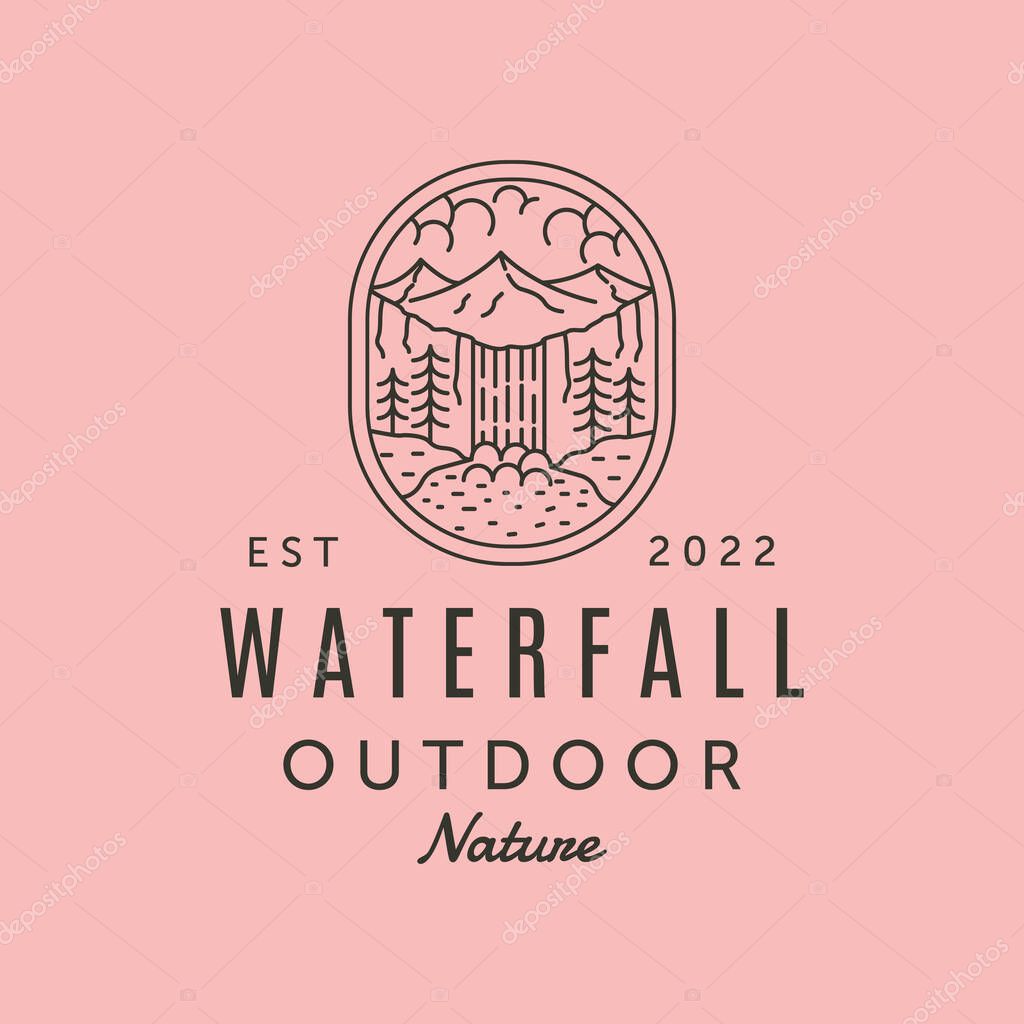 Waterfall outdoor nature line art logo vector symbol illustration design