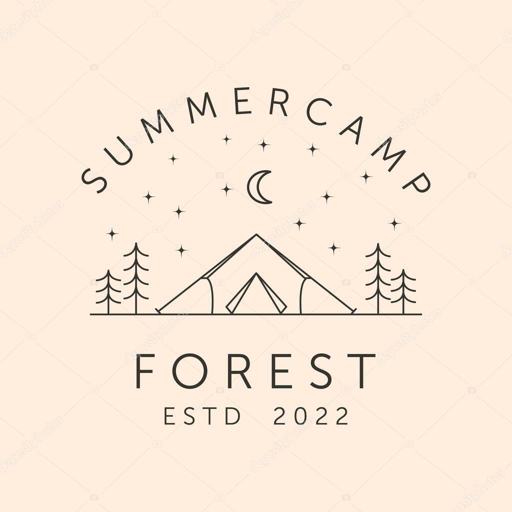 Summer camp on the forest line art logo vector symbol illustration design