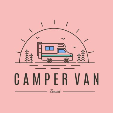 Kamp minibüsü ve güneş patlaması çizgisi sanat logosu çizim sembolü çizimi ile seyahat