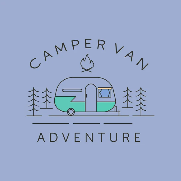 Camper Van Adventure Campfire Line Art Logo Vector Symbol Illustration — Stock Vector