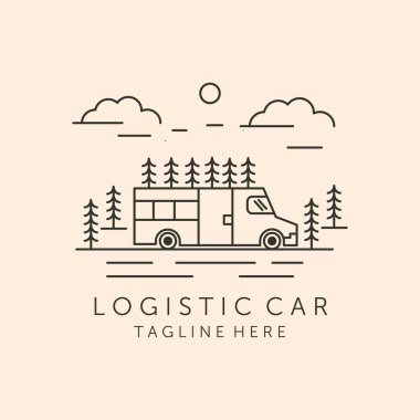 lojistik araba ve çam ağacı çizgisi sanat logosu vektör sembolü çizim tasarımı