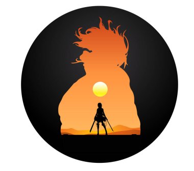 Silhouette illustration of a female warrior and a titan in a sunset scene. Great for stickers or t-shirt designs. clipart