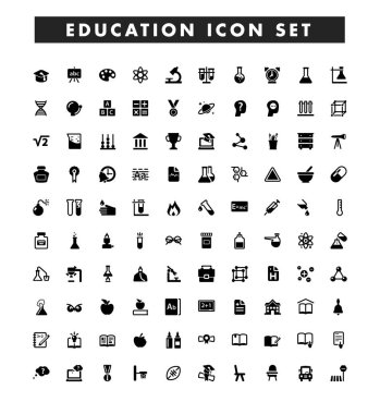 Beyaz arkaplanda eğitim temalı vektör simgeleri koleksiyonu.