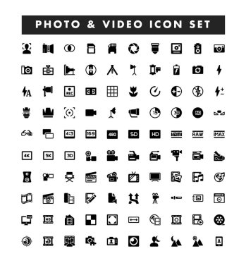 Beyaz arkaplanda fotoğraf ve video temalı vektör simgeleri koleksiyonu.