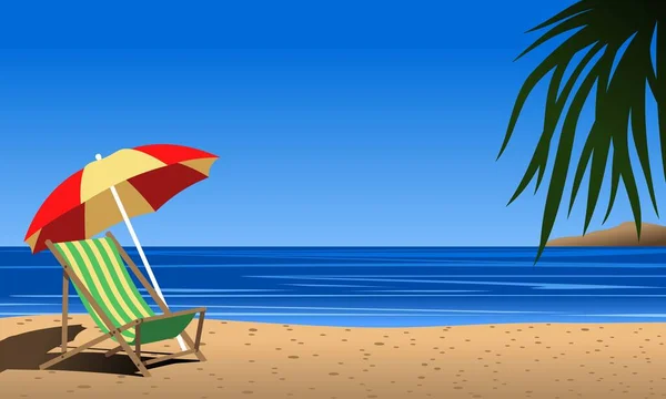 海滨风景全景 配有椅子 雨伞和椰子树叶子 — 图库矢量图片