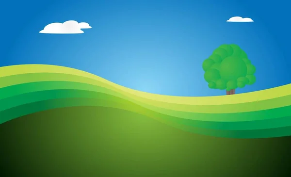 Hills Landschaft Illustration Cartoon Stil Mit Einzelnen Isolierten Baum Wolken — Stockvektor