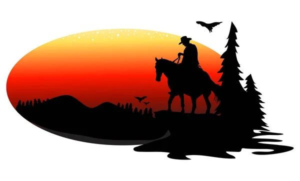 Mann Mit Pferd Sonnenuntergang Silhouette Auf Einem Hügel Tannen Und — Stockvektor