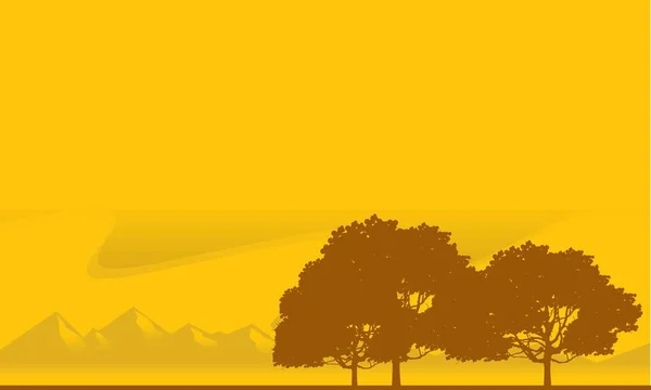 Gelbe Sommer Illustration Auf Einer Sonnenuntergangslandschaft Mit Bäumen Und Bergen — Stockvektor