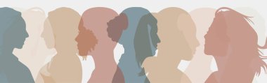 Kadın Tarihi Ayı afişi yumuşak renklerde. Çoklu etnik kadın siluetle karşı karşıya.