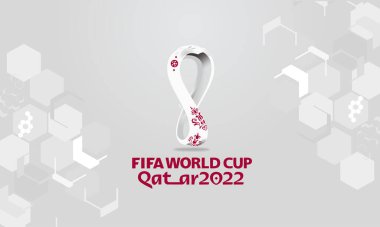 Jakarta, Endonezya - 2 Nisan 2022: FIFA Dünya Kupası Katar 2022 pankartı, gri altıgen arka plan.