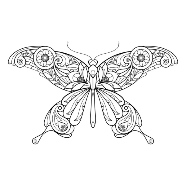 Hand Drawn Mandala Butterfly Decorative Ornament Coloring Page Print Design — Stock Vector