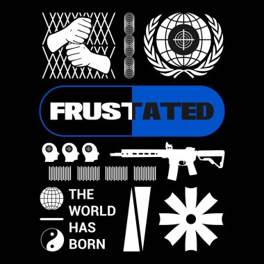 İnsan kafası illüstrasyonlu ve karışık tabancalı meyveli bir slogan. Baskı, poster, broşür, kapüşon, ceket ya da tişört tasarımı için harika..