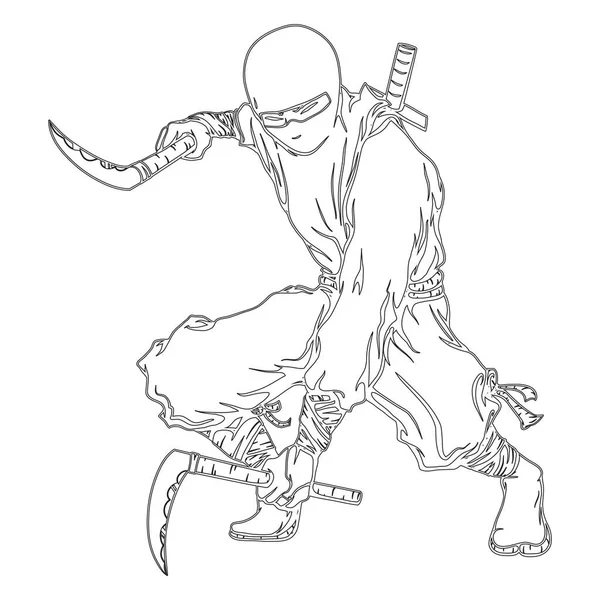ぬり絵用の武器を持つ日本の忍者漫画イラスト — ストックベクタ