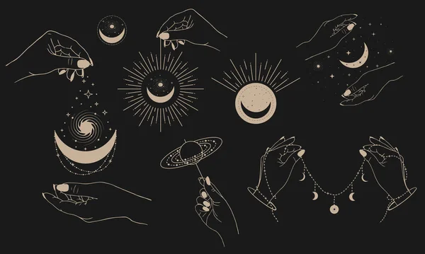 Mistik Astroloji Elementlerini Ayarlayın Sihirli Uzay Nesneleri Gezegenler Dişi Eli — Stok Vektör